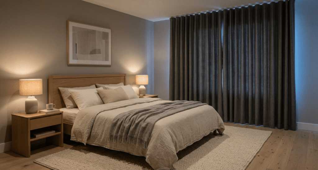 Cozy bedroom with soft lighting.