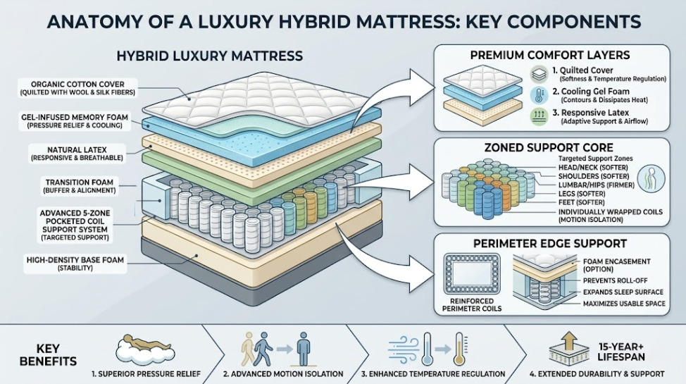 Infographic of the inside of a luxury organic mattress