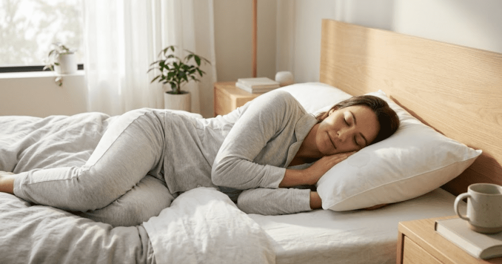 Side sleeper waking up with a damp pillow from drooling during sleep in a calm bedroom