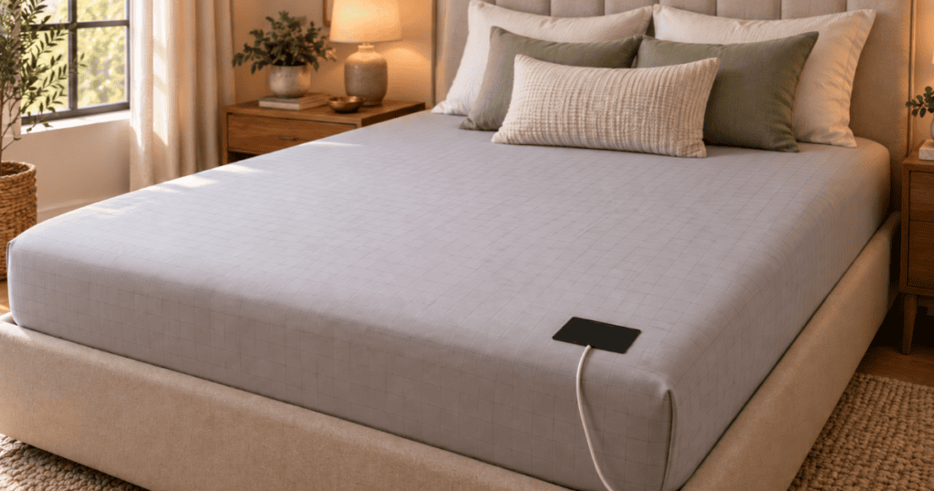 Corded grounding sheets in a bedroom
