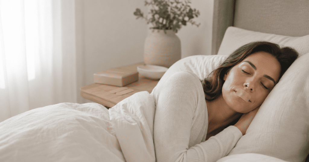 woman using mouth tape for sleeping