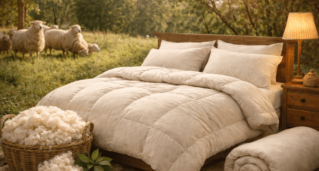 Cozy bed with organic wool bedding