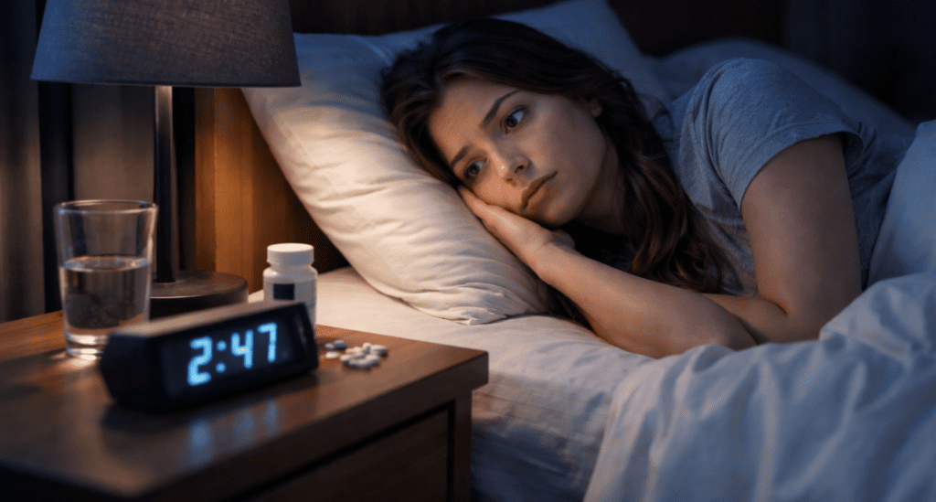 Woman awake in bed, clock shows 2:47