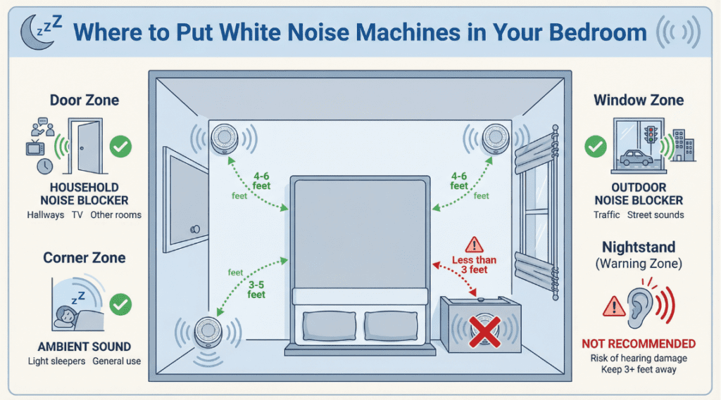Infographic showing where to put white noise machines in the bedroom