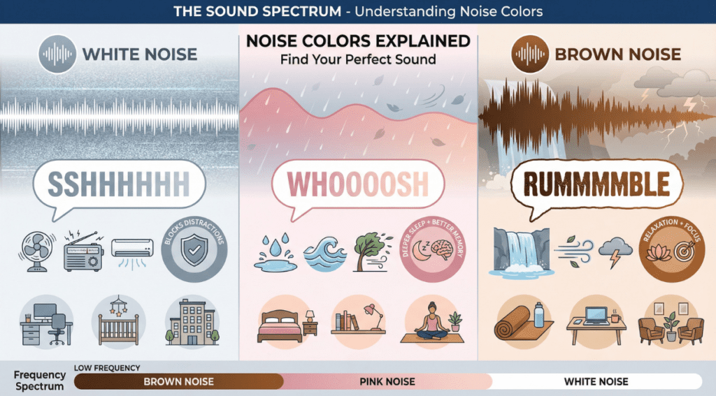 Differentiating Between White, Pink, and Brown Noise infographic