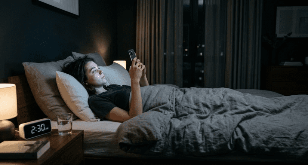 Woman using phone in bed at night