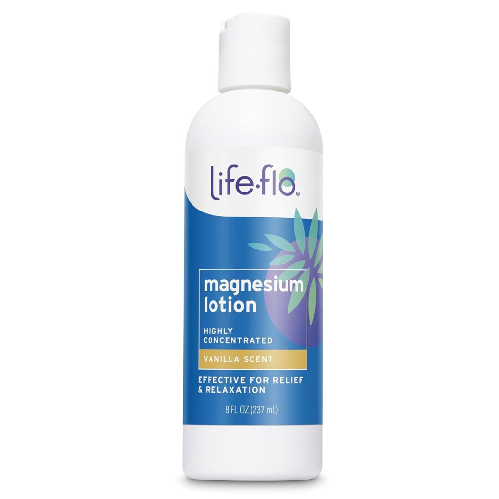 Life-Flo Magnesium Lotion with vanilla scent in white bottle, affordable topical magnesium cream for sleep and anxiety sourced from Zechstein Seabed