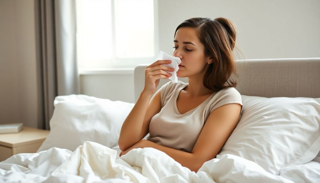woman suffering from allergies from her bedding