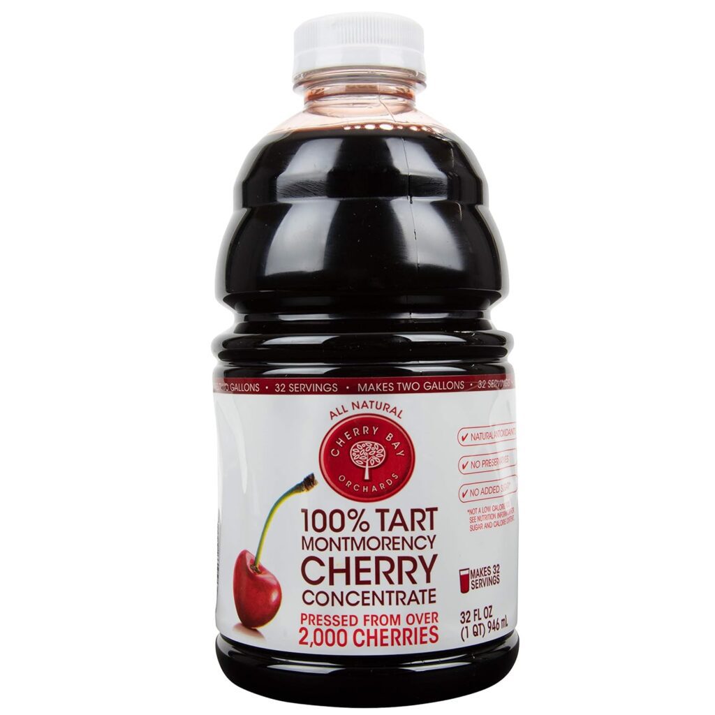 Cherry Bay Orchards concentrate bottle with no sugar added label and measuring cup