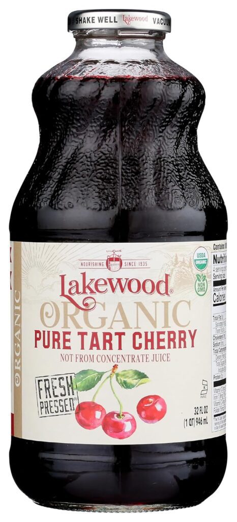 Lakewood organic tart cherry juice bottle highlighting organic certification