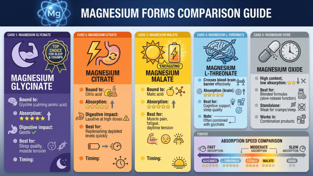 magnesium forms comparison guide on different types of magnesium and when to take it for sleep, muscle relaxation and leg cramps