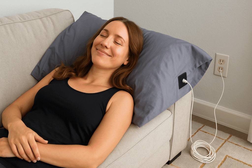 A woman smiling peacefully while lying on a couch with her head resting on a grounding pillowcase connected to a wall outlet, illustrating the comfort and relaxation benefits