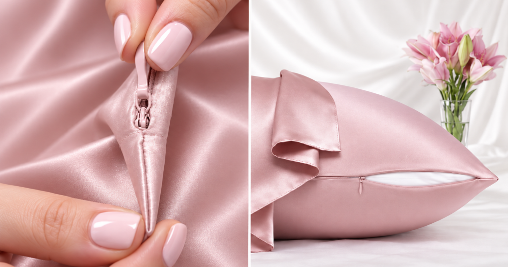 close up of blissy pillowcase zipper