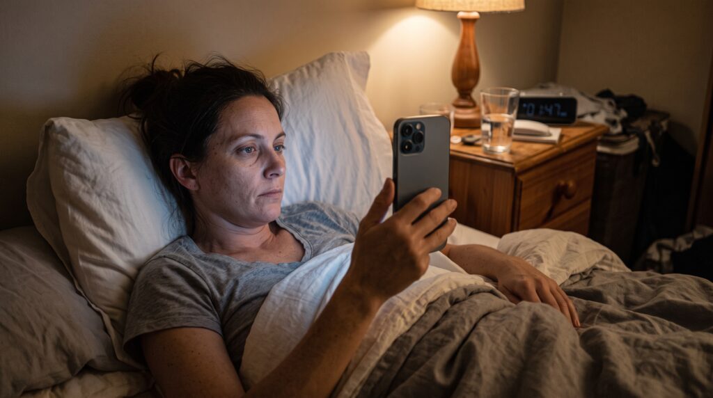 woman using blue-light emitting phone during bedtime
