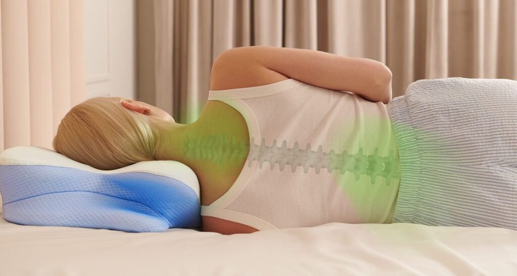 The Derila Ergo Memory Foam Pillow promotes proper spinal alignment for neck pain relief