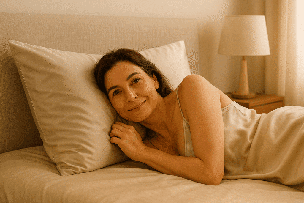 Middle-aged woman smiling while resting on a beige silk pillowcase in a neutral-toned bedroom