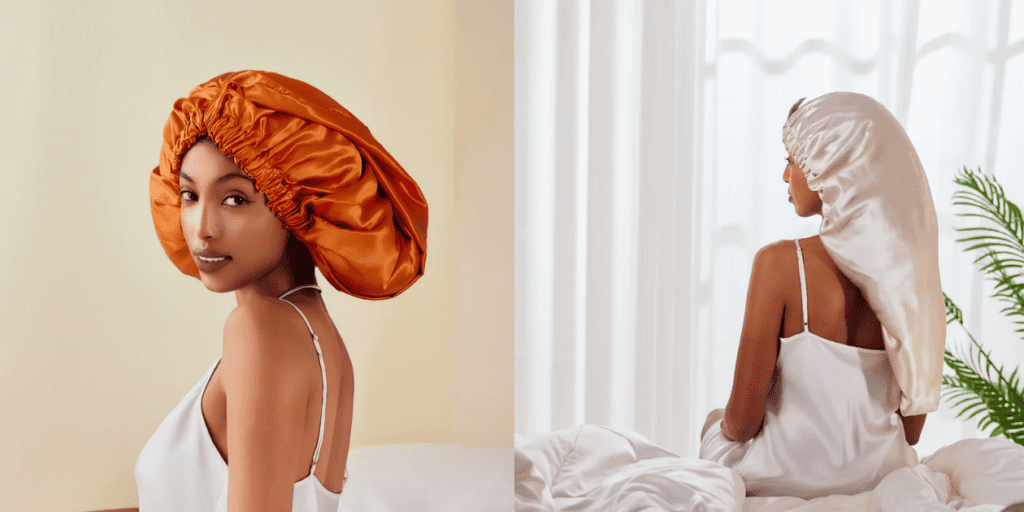 Wearing the Promeed silk bonnet for hair