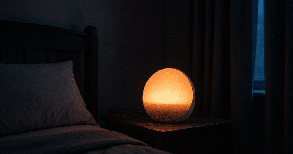 Sunrise alarm casting a warm glow on a dark bedroom nightstand