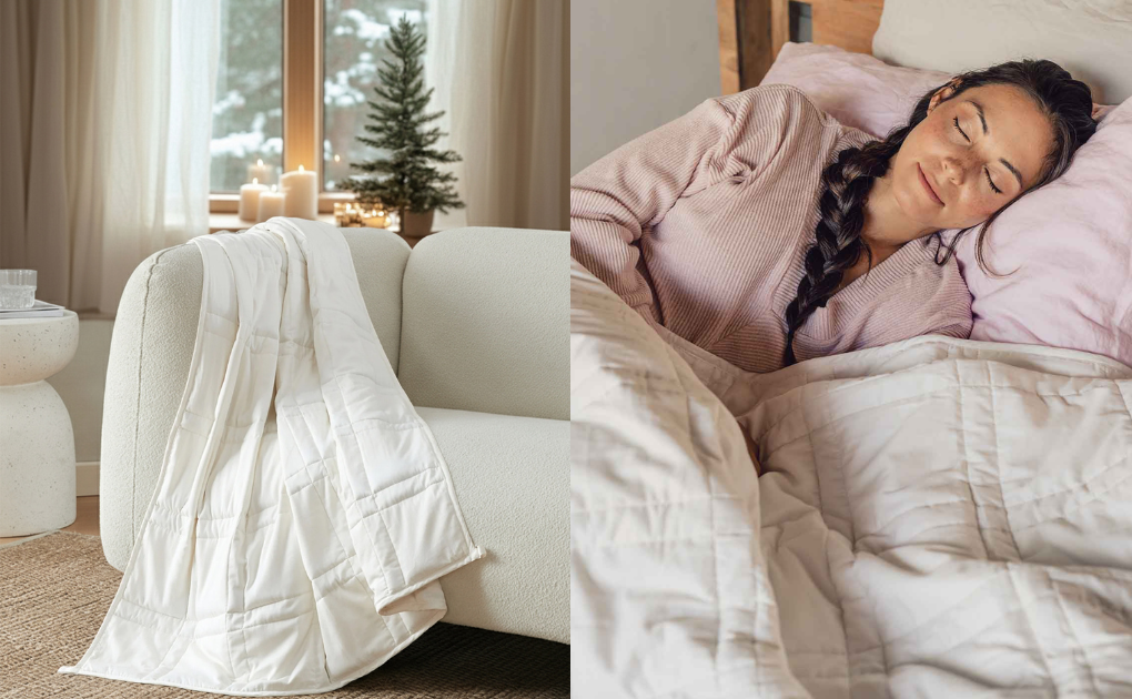 baloo weighted throw and sleeping under a white baloo weighted blanket in bed