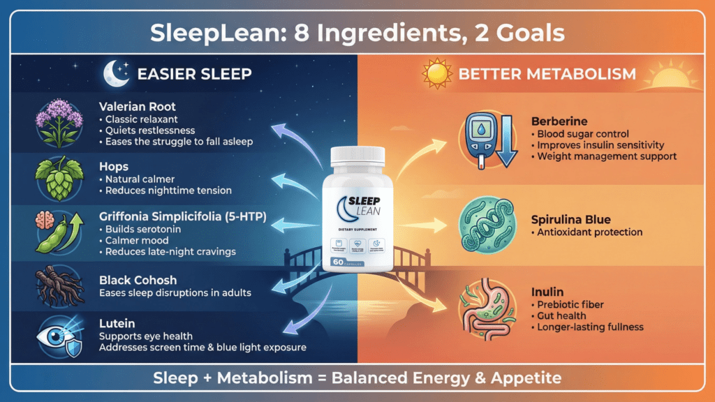Sleep Lean supplement ingredients including valerian root, hops, griffonia simplicifolia, black cohosh, lutein, berberine, spirulina blue and inulin