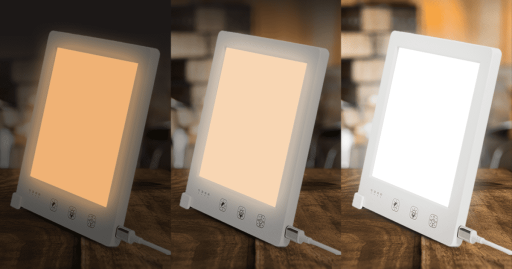 Lumo therapy lamp with adjustable brightness and color temperature from warm to cool light