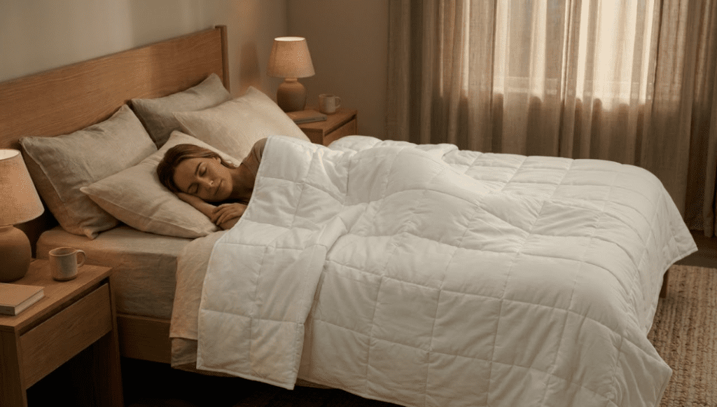 Woman sleeping under white weighted blanket