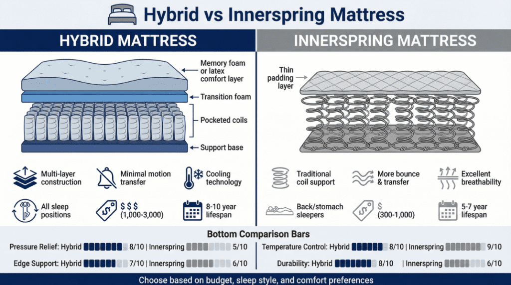 Difference between hybrid and innerspring mattress infographic