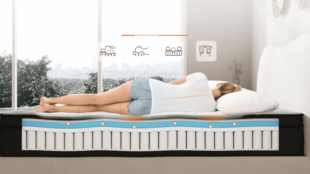 side-angle photo showing a sleeper's body contoured on the mattress