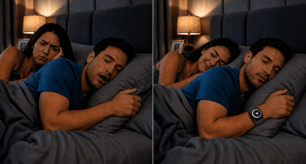 Before and after split image of a man wearing the sleep connection anti-snore wristband to help with nightly snoring
