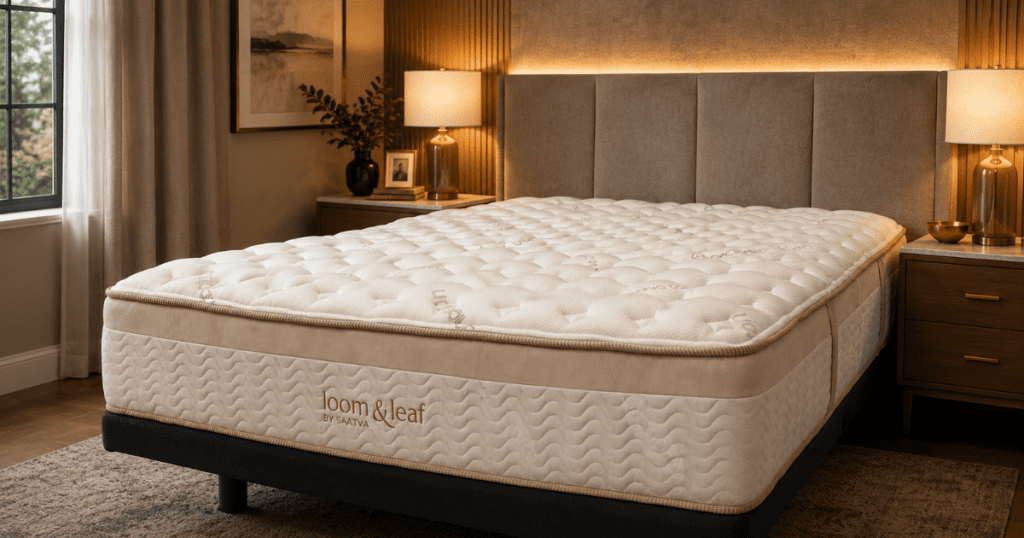 Saatva Loom and Leaf memory foam mattress on a bed frame in a styled bedroom