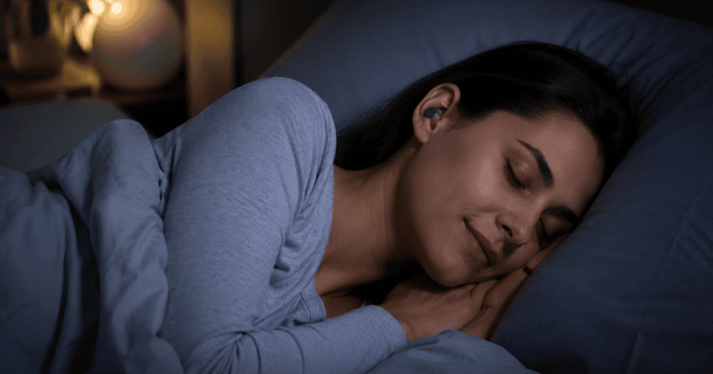 side sleeper wearing low profile sleep earbud comfortably in bed