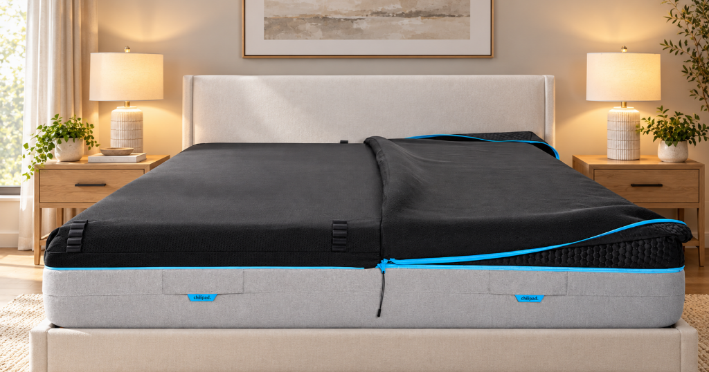 Chilipad 2.0 dual-zone mattress cooling system shown across both sides of a bed with the cover partially opened.
