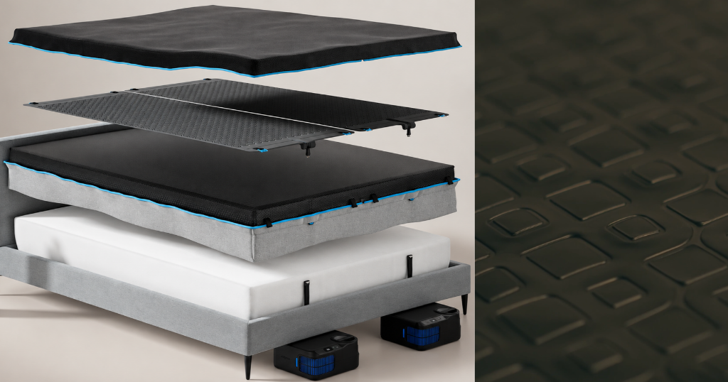 Chilipad 2.0 Hydrolayer shown in an exploded bed view beside a close-up of its flat textured membrane.