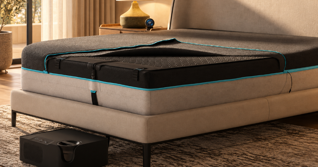 Chilipad 2.0 Hydrolayer and water-cooled mattress pad installed on a bed with the Dock beside the frame.