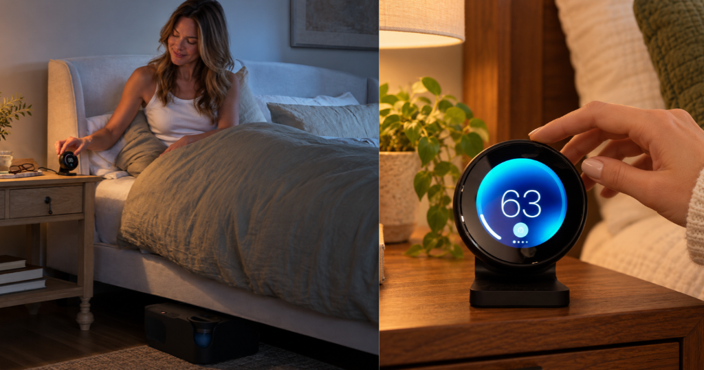 Chilipad 2.0 nightstand remote being adjusted in bed, with a close-up showing the temperature control set to 63°F.